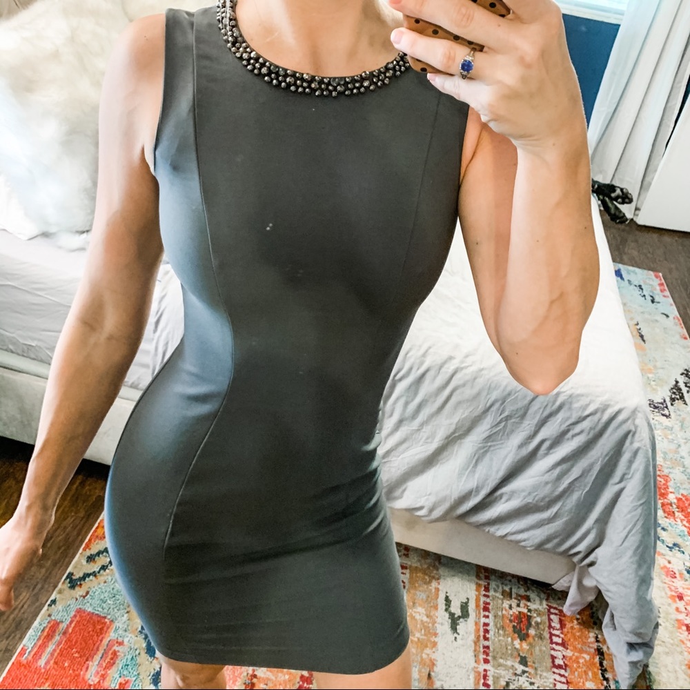 Charcoal dress with pretty beaded neck